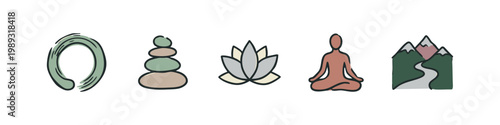 Zen and Meditation Icons: Enso, Stacked Stones, Lotus, Meditating Figure, Mountains