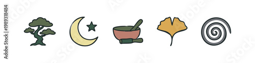 Zen and Meditation Icons: Bonsai Tree, Crescent Moon, Mortar & Pestle, Ginkgo Leaf, Spiral