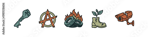 Icons of protest and resistance: key, anarchy symbol, burning tires, boot with plant, camera.