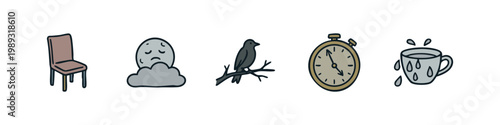 Icons of melancholy and time: chair, sad moon, crow on branch, stopwatch, dripping cup.