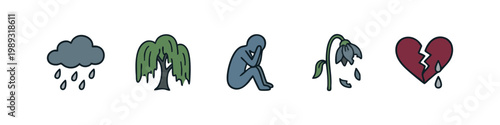 Icons of sadness and loss: rain cloud, weeping willow, sad figure, wilted flower, broken heart.
