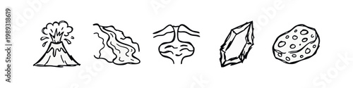 Geology and nature icons: volcano, waterfall, rock strata, crystal, pumice stone.