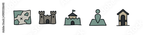 Icons of exploration and shelter: map, castle, tower, location pin, house on white.