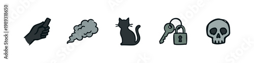 Collection of hand-drawn icons: phone, smoke, cat, lock, skull on white background.