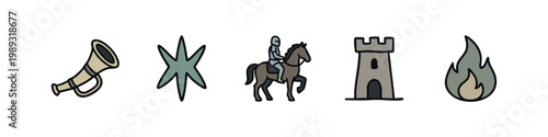 Medieval icons: horn, starburst, knight on horse, castle tower, flame on white.