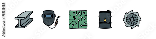 Industrial and technology icons including steel, welding, circuit board, oil barrel, and saw blade.