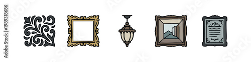 Decorative elements including scrollwork, ornate frames, a lantern, and framed artwork.