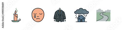 Icons of sorrow and weather: candle, sad face, wet coat, rainy house, winding road.
