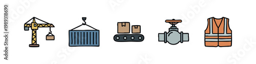 Set of five icons representing heavy industry and logistics.