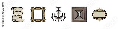 Vintage decorative elements: scroll, ornate frame, chandelier, and perspective artwork.