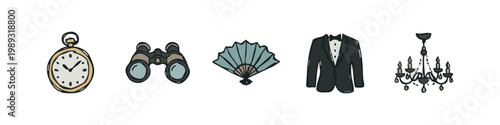 Doodle Icons: Pocket Watch, Binoculars, Hand Fan, Tuxedo Jacket, Chandelier