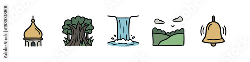 Nature and sound icons with a golden dome and muted colors: golden dome, tree, waterfall, landscape, bell.