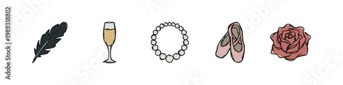 Elegant icons: feather, champagne flute, pearls, ballet shoes, rose.