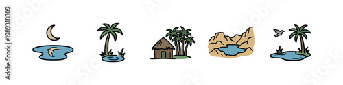 Desert landscape icons: moonlit pond, palm tree, hut, rocky outcrop, water.