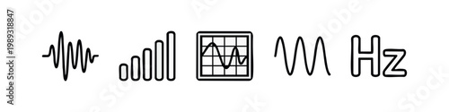 Line Art Icons: Sound Wave, Bar Chart, Oscilloscope, Sine Wave, Hz Symbol