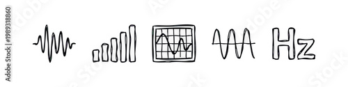 Doodle Icons: Sound Wave, Bar Chart, Oscilloscope, Sine Wave, Hz Symbol