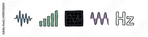 Doodle Icons with Color: Sound Wave, Bar Chart, Oscilloscope, Sine Wave, Hz Symbol