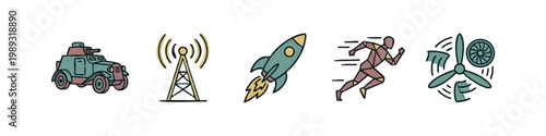 Doodle Icons: Armored Vehicle, Radio Tower, Rocket, Runner, Wind Turbine