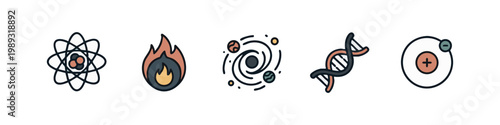 Doodle Icons: Atom Model, Fire, Solar System, DNA Helix, Atomic Nucleus