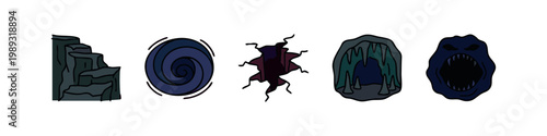 Doodle Icons: Cliff, Swirl Portal, Crack, Cave Mouth, Monster Face