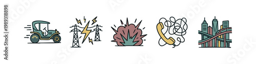Doodle Icons: Vintage Car, Power Lines, Explosion, Telephone Receiver, Cityscape