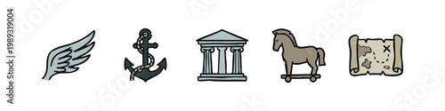 Ancient Greece icons: wing, anchor, temple, trojan horse, map