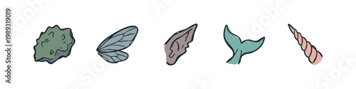 Fantasy elements: rock, fairy wing, elf ear, mermaid tail, unicorn horn