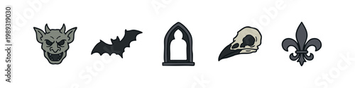 Gothic horror icons: gargoyle, bat, window, skull, fleur de lis