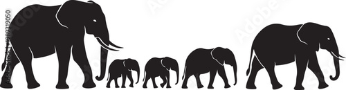 Black elephant family silhouettes, elephant herd icons, wildlife graphics, vector illustrations