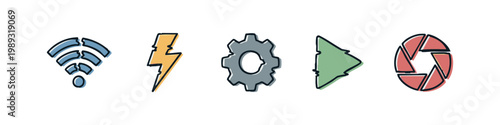 Set of colorful icons: wifi, lightning, gear, play button, camera aperture