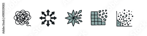 Icons symbolizing chaos and destruction: tangled lines, radiating arrows, broken star, crumbling wall, dispersed particles