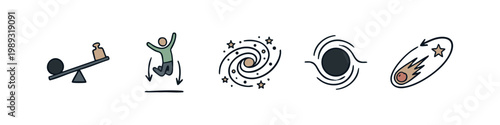 Physics concepts icons: seesaw, jumping, galaxy, black hole, comet