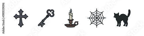 Gothic horror icons: cross, key, candle, spider web, black cat