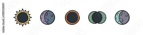 Icons representing celestial events: sun, moon phases, eclipse, earth, celestial body