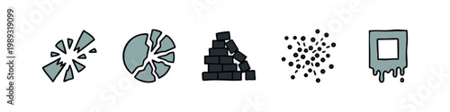 Icons representing destruction and fragmentation: shattered glass, broken plate, brick pile, scattered dots, dripping frame