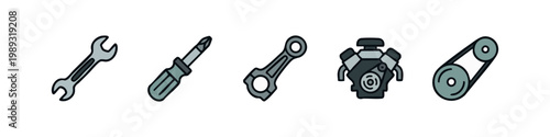 Car engine parts and tools illustration, set of icons