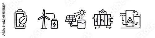 Green energy icons, line art style, battery, wind turbine, solar panel
