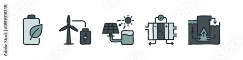 Green energy icons, colored illustration, battery, wind turbine, solar panel