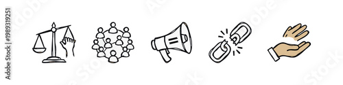 Social justice and community icons, hand-drawn style