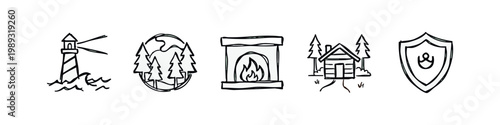 Nature and home icons, hand-drawn style, lighthouse, forest, fireplace