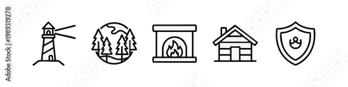 Nature and home icons, line art style, lighthouse, forest, fireplace
