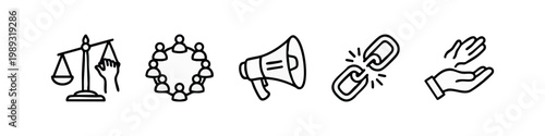 Social justice and community icons, line art style