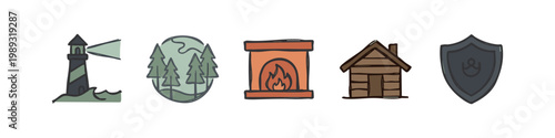 Nature and home icons, colored illustration, lighthouse, forest, fireplace