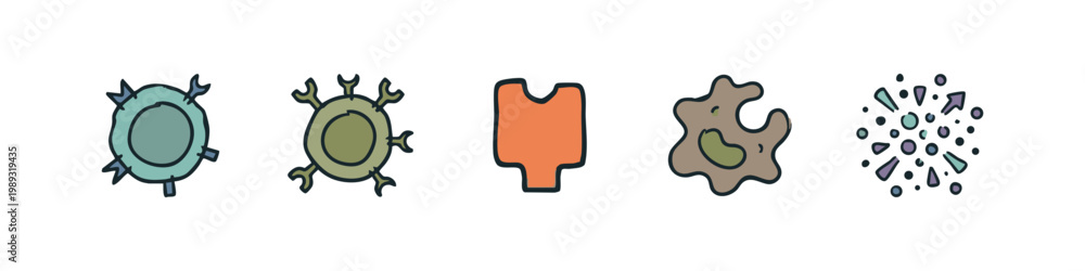 Fototapeta premium Icons: immune cells, antigen, amoeba, particles