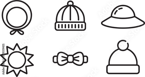 Clothing accessories feature a variety of headwear and neckties including a bonnet, beanie, wide brim hat, sun, and bow tie depicted in a clean linear style for fashion design.