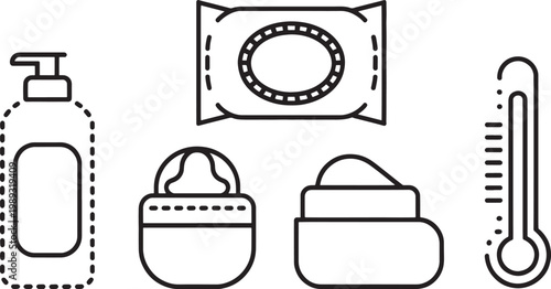 Hygiene icons display a soap dispenser, wet wipes pack, cosmetic containers, and a thermometer to represent essential health and personal care product safety standards.