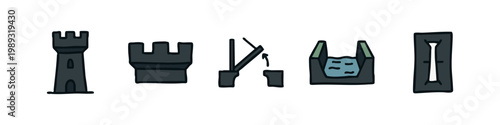 Dark-colored castle icons: tower, wall, drawbridge, moat, gate