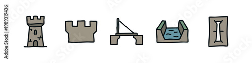 Tan castle icons: tower, wall, drawbridge, moat, gate
