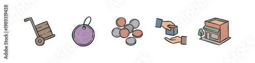 Business icons: hand truck, tag, coins, hands exchanging box, store