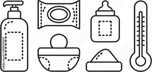 Baby care products including lotion bottles, wet wipes, feeding bottles, and thermometers are arranged as a flat collection of simple line art icons for essential infant health.